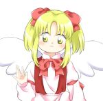  blonde_hair bow bowtie closed_mouth dress gengetsu_(touhou) hair_bow hair_up hand_up juliet_sleeves long_sleeves medium_hair nonamejd official_style open_clothes open_vest parted_bangs pink_bow pink_bowtie puffy_sleeves red_vest simple_background smile touhou touhou_(pc-98) twintails vest white_background white_dress white_wings wings yellow_eyes zun_(style) 