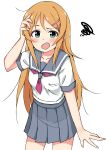  1girl absurdres blue_eyes blush collarbone hair_ornament hairclip highres kousaka_kirino kousaka_kirino&#039;s_school_uniform long_hair looking_at_viewer open_mouth orange_hair ore_no_imouto_ga_konna_ni_kawaii_wake_ga_nai school_uniform shisui_(shisui0178) simple_background solo white_background 