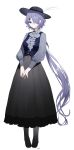  1girl absurdres alternate_costume arknights ascot black_footwear black_headwear black_skirt blue_vest commentary english_commentary full_body grey_ascot grey_shirt hair_over_one_eye hat hat_feather high-waist_skirt highres long_hair long_sleeves purple_hair shirt signature simple_background sketch skirt solo very_long_hair vest violet_eyes whisperain_(arknights) white_background xooku 