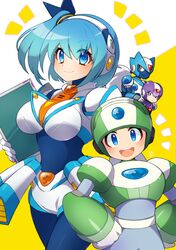  1girl 3boys blue_eyes blue_hair breasts character_request closed_mouth humanoid_robot large_breasts looking_at_viewer mega_man_(series) mega_man_x_(series) mega_man_x_dive multiple_boys open_mouth rico_(mega_man) robot short_hair short_ponytail teeth tobitori upper_teeth_only 