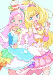  2girls bead_necklace beads big_hair blonde_hair blue_eyes blunt_bangs clothing_cutout commentary cure_finale cure_parfait delicious_party_precure dress earrings english_commentary food-themed_clothes food-themed_hair_ornament frilled_dress frills gloves green_hairband hair_ornament hairband highres in-franchise_crossover jewelry jj_(ssspulse) kasai_amane kirahoshi_ciel kirakira_precure_a_la_mode long_bangs long_hair long_sleeves looking_at_viewer magical_girl medium_dress multicolored_clothes multicolored_dress multiple_girls necklace open_mouth parfait pink_hair precure purple_headwear shoulder_cutout side-by-side smile standing tiara trait_connection white_dress white_gloves 
