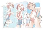  3girls bare_arms bare_shoulders bikini blunt_bangs brown_hair collage commentary_request cowboy_shot denim denim_shorts fang from_below hands_on_own_hips looking_at_viewer matsuo_yuusuke multiple_girls multiple_views navel one_eye_closed red_bikini saitou_kaede_(yama_no_susume) sasahara_yuuka senjuin_koharu short_hair shorts skin_fang sleeveless smile solo_focus swimsuit violet_eyes yama_no_susume 