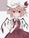  1girl blonde_hair closed_mouth crystal crystal_wings flandre_scarlet hat hat_ribbon highres looking_at_viewer mob_cap nacht_musik pointy_ears puffy_short_sleeves puffy_sleeves red_eyes red_ribbon ribbon short_sleeves simple_background solo touhou upper_body white_background wings 