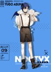  1boy absurdres ankle_socks asymmetrical_legwear belt belt_collar bishounen black_belt black_bracelet black_collar black_footwear black_shorts blue_background blue_eyes blue_hair blue_wings boots buttons character_name closed_mouth collar collared_shirt commentary demon_wings english_text eyelashes flower full_body hand_in_pocket highres kami_off_record looking_at_viewer male_focus mini_wings nijisanji nijisanji_en rose shadow shirt short_hair shorts simple_background single_sock single_thighhigh single_wing smile socks solo straight-on suspenders symbol-only_commentary thigh-highs white_flower white_rose white_shirt white_socks white_thighhighs wings yugo_asuma 