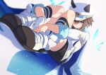  1girl absurdres animal_ears artist_request blue_eyes boots brown_hair cheval_grand_(umamusume) commentary_request dutch_angle ear_covers gloves hair_between_eyes hat highres horse_ears horse_girl hugging_own_legs kneehighs knees_up long_sleeves looking_at_viewer peaked_cap single_glove sitting socks solo umamusume white_background white_gloves 