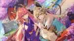 2girls alternate_costume animal_ears aqua_kimono cat cat_ears cat_girl cat_tail closed_mouth fox_ears fox_girl genshin_impact green_eyes hair_between_eyes highres japanese_clothes kimono kirara_(genshin_impact) kirara_(post_office)_(genshin_impact) light_brown_hair long_hair long_sleeves looking_at_another multicolored_hair multiple_girls multiple_tails necomi nekomata official_alternate_costume outdoors parted_lips pink_hair purple_kimono sidelocks smile streaked_hair tail violet_eyes wide_sleeves yae_miko