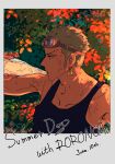  1boy bandana_around_arm earrings goggles goggles_on_head green_hair hair_slicked_back highres holding jewelry male_focus one_piece roronoa_zoro shirt short_hair sideburns solo tan toned toned_male user_zjgf5454 