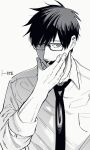  1boy ayum_k collared_shirt fangs glasses greyscale hand_up highres kagami_hajime looking_at_viewer male_focus monochrome necktie open_mouth oshite_dame_nara_oshitemiro! shirt short_hair simple_background slit_pupils solo teeth upper_body white_background 