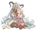  2girls black_horns black_nails blonde_hair boots breasts brown_eyes commentary dark-skinned_female dark_skin djeeta_(granblue_fantasy) dress fediel_(granblue_fantasy) gauntlets granblue_fantasy grey_hair hair_ornament hairband half-closed_eyes hand_on_another&#039;s_shoulder horns large_breasts long_hair looking_at_another matsuo_yuusuke multiple_girls navel open_mouth pink_dress short_hair simple_background single_thighhigh sitting skull_hair_ornament smile thigh-highs thigh_boots very_long_hair white_background yokozuwari 