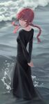  1girl absurdres arms_behind_back beach black_dress braid braided_ponytail chainsaw_man closed_mouth dress highres long_dress long_hair looking_at_viewer ly_7317 makima_(chainsaw_man) ocean red_eyes redhead ringed_eyes sand solo water 