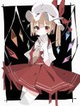  1girl ascot blonde_hair closed_mouth cowboy_shot crystal crystal_wings dress fingerless_gloves flandre_scarlet gloves hat heart highres looking_at_viewer medium_hair mob_cap nacht_musik red_dress red_eyes side_ponytail solo thigh-highs touhou white_gloves white_thighhighs wings 