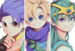  29qmatatavi 3boys blonde_hair blue_eyes blue_gemstone blue_hair blue_tunic brown_eyes cape child cloak collarbone commentary_request dragon_quest dragon_quest_iv dragon_quest_v dragon_quest_vi earrings gem green_hair green_tunic headset hero&#039;s_son_(dq5) hero_(dq4) hero_(dq6) jewelry long_hair looking_at_viewer low_ponytail male_focus medium_hair multiple_boys neck_ring parted_lips purple_cape purple_cloak smile spiky_hair upper_body 