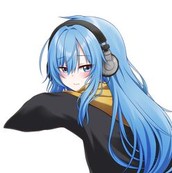  1girl absurdres blue_eyes blue_hair closed_mouth elie_wayne headphones highres jan_azure long_hair long_sleeves original solo transparent_background upper_body 