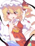  1girl ascot blonde_hair closed_mouth crystal crystal_wings dress flandre_scarlet hat looking_at_viewer medium_hair midriff_peek mob_cap puffy_short_sleeves puffy_sleeves red_dress red_eyes red_nails red_ribbon ribbon short_sleeves side_ponytail simple_background smile solo touhou user_whps3877 white_background wings 