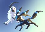  absol alternate_color blue_background bright_pupils claws highres likey looking_at_viewer no_humans pokemon pokemon_(creature) red_eyes shiny_pokemon signature umbreon white_fur white_pupils 