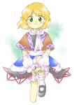  1girl blonde_hair closed_mouth colored_skin green_eyes grey_footwear grey_shirt grey_skin jacket leg_up looking_at_viewer mary_janes mizuhashi_parsee nonamejd official_style orange_jacket sash scarf shirt shoes short_hair short_sleeves smile socks solo touhou white_sash white_scarf white_socks zun_(style) 