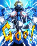  absurdres blue_background dannar electricity gattai highres mecha moyan no_humans procreate_(medium) robot shinkon_gattai_godannar!! signature sound_effects super_robot 