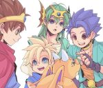  29qmatatavi 4boys belt blonde_hair blue_cape blue_cloak blue_eyes blue_gemstone blue_hair blue_tunic brown_eyes brown_hair cape child circlet cloak collarbone dragon dragon_quest dragon_quest_iii dragon_quest_iv dragon_quest_v dragon_quest_vi earrings fingerless_gloves gem gloves green_hair green_tunic headset hero&#039;s_son_(dq5) hero_(dq3) hero_(dq4) hero_(dq6) jewelry long_sleeves looking_at_another male_focus medium_hair monster multiple_boys neck_ring open_mouth parted_lips red_cape roto_(dq3) shirt short_hair small_fry_(dragon_quest) smile spiky_hair teeth upper_body upper_teeth_only white_background white_shirt 