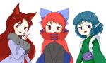  3girls :d animal_ears blue_bow blue_hair bow fingernails fins grass_root_youkai_network green_kimono hair_bow head_fins imaizumi_kagerou japanese_clothes kimono long_fingernails long_hair long_sleeves multiple_girls nail_polish nonamejd obi official_style open_mouth purple_sash red_eyes red_nails redhead sash sekibanki sharp_fingernails short_hair simple_background smile touhou uneven_eyes violet_eyes wakasagihime white_background wolf_ears wolf_girl zun_(style) 