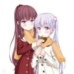  2girls absurdres blue_eyes blunt_bangs blush brown_hair coat commentary_request feeding grey_hair hair_ornament hair_scrunchie hand_on_another&#039;s_hip happy_valentine heart high_ponytail highres long_hair multiple_girls new_game! open_mouth orange_scarf ponytail purple_hair red_coat red_scrunchie sainohikari scarf scrunchie shared_clothes shared_scarf simple_background smile standing suzukaze_aoba takimoto_hifumi twintails valentine very_long_hair violet_eyes white_background white_coat winter_clothes winter_coat yellow_scarf yuri 