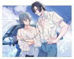  2boys akira_(togainu_no_chi) black_hair blue_eyes blue_pants blue_sky blurry bokeh border car clouds collarbone crossed_arms depth_of_field grey_hair hair_between_eyes hand_on_own_hip height_difference highres keyring looking_at_another looking_at_viewer male_focus motor_vehicle multiple_boys open_clothes open_shirt pants red_eyes shadow shiki_(togainu_no_chi) shirt short_hair sky smile standing tank_top togainu_no_chi upper_body white_border white_shirt white_tank_top 