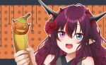  1girl absurdres banana blue_eyes fang flower food fruit hair_flower hair_ornament heterochromia highres holding holding_food hololive hololive_english irys_(hololive) jan_azure long_hair pointy_ears purple_hair red_flower red_rose redhead rose solo upper_body violet_eyes virtual_youtuber 