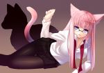  alternate_hairstyle animal_ears bespectacled blue_eyes cat_ears cat_tail glasses long_hair lying megurine_luka nana_mikoto on_side pantyhose pink_hair skirt smile solo tail vocaloid 