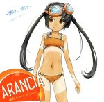  bikini black_hair goggles goggles_on_head long_hair original simple_background solo swimsuit tan tanline twintails vl 