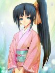  black_hair blue_eyes blush earrings eyeshadow japanese_clothes jewelry kimono long_hair makeup obi original ponytail side_ponytail smile solo 