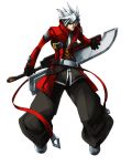  1boy angry belt blazblue fighting_stance gloves green_eyes hakama heterochromia huge_weapon jacket japanese_clothes katou_yuuki male official_art open_clothes open_jacket ragna_the_bloodedge red_eyes ribbon sheath shoes short_hair silver_hair simple_background solo spiked_hair standing strap sword weapon 