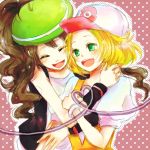  2girls aheim baseball_cap bel_(pokemon) bell_(pokemon) beret blonde_hair brown_hair happy hat headwear_switch hug multiple_girls pokemon pokemon_(game) pokemon_black_and_white pokemon_bw polka_dot polka_dot_background ponytail short_hair smile touko_(pokemon) 