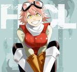  1girl breasts flcl gloves goggles goggles_on_head grin haruhara_haruko large_breasts lips maou_alba pink_hair short_hair smile solo yellow_eyes 