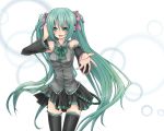  bad_id blush bow bowtie detached_sleeves frills green_eyes green_hair hair_bow hatsune_miku headset long_hair outstretched_arm outstretched_hand reaching skirt solo takamiya_ren thigh-highs thighhighs twintails very_long_hair vocaloid 