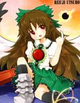  bow brown_hair cape eyes hair_bow long_hair red_eyes reiuji_utsuho solo tona_(nekotte) touhou wings 