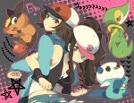  1boy 1girl azuma_seiji back-to-back baseball_cap brown_hair hat locked_arms navel oshawott pokemon pokemon_(creature) pokemon_(game) pokemon_black_and_white pokemon_bw snivy tepig touko_(pokemon) touya_(pokemon) 