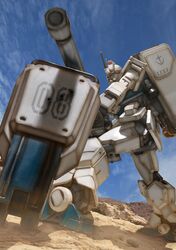  backpack bag bullet_hole cannon dust ez-8_gundam from_below gundam gundam_08th_ms_team mecha robographer shield solo 