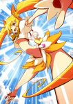  :d arched_back blonde_hair blue_background breasts brown_eyes cure_sunshine futari_wa_precure gloves hair_ribbon happy heart heartcatch_precure! instrument long_hair magical_girl midriff myoudouin_itsuki navel open_mouth orange_dress perspective precure ribbon shiny_tambourine shirono skirt smile solo tambourine twintails under_boob underboob very_long_hair yellow_eyes 