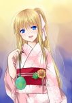  air bad_id balloon blonde_hair blue_eyes hair_ribbon japanese_clothes kamio_misuzu kimono long_hair obi ponytail ribbon water_balloon 
