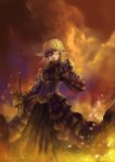  armored_dress blonde_hair cloud dark_persona dress fate/stay_night fate/unlimited_codes fate_(series) faulds fire saber saber_alter shuiyituzi solo sword weapon yellow_eyes 