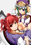  bad_id blue_eyes breasts cleavage green_hair hair_bobbles hair_ornament hat multiple_girls onozuka_komachi red_eyes red_hair redhead scythe shikieiki_yamaxanadu short_hair touhou twintails yasojima_nejiro 