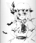  bat bat_wings brooch fang frown hands_on_hips hat jewelry jpeg_artifacts monochrome remilia_scarlet scan short_hair touhou traditional_media tsukimoto_aoi wings 