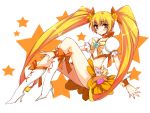  anapom blonde_hair blush boots cure_sunshine futari_wa_precure hair_ribbon heart heartcatch_precure! high_heels highres legs magical_girl midriff myoudouin_itsuki orange_(color) orange_dress orange_eyes precure red_eyes ribbon shoes skirt smile solo star twintails white_background 