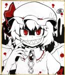  brooch grin hat jewelry kari_(karinimooreha) red_eyes remilia_scarlet sharp_teeth shikishi smile solo teeth touhou traditional_media vampire wings 