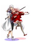  boots breasts cape charlotte_(pandora_hearts) dress emily_(pandora_hearts) flower gloves hair_over_one_eye long_hair pandora_hearts pink_eyes pink_hair red_eyes rose short_hair silver_hair sirosia sword thighhighs weapon whip xerxes_break 