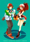  baseball_cap blue_eyes brown_eyes brown_hair denim denim_shorts hat jacket legs messenger_bag oshawott pokemon pokemon_(game) pokemon_black_and_white pokemon_bw ponytail riri_(artist) shorts shoulder_bag snivy tepig touko_(pokemon) touya_(pokemon) vest 