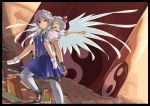  angel_wings blue_eyes braid closed_eyes gustav_(telomere_na) gusutafu hat highres izayoi_sakuya maid maid_headdress multiple_girls outstretched_arms pantyhose pointy_ears remilia_scarlet riding short_hair silver_hair spread_arms touhou twin_braids wings 