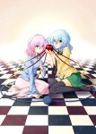  2girls akudato checkered eyes gradient_hair green_eyes highres kneeling komeiji_koishi komeiji_satori multicolored_hair multiple_girls purple_eyes purple_hair siblings sisters thighhighs touhou 