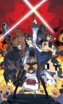  asagi_(nippon_ichi) asagiri_asagi balrog_(doukutsu_monogatari) balrog_(doukutsu_monogatari)_(cosplay) black_hair bug cosplay disgaea doukutsu_monogatari explosion gun hair_ribbon harada_takehito highres jacket nippon_ichi official_art parody prinny prinny_can_i_really_be_the_hero? ribbon robot thighhighs weapon zombie 