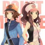  1boy 1girl bag bare_shoulders baseball_cap brown_eyes brown_hair chocolate_nuts green_eyes hat jacket messenger_bag pokemon pokemon_(game) pokemon_black_and_white pokemon_bw ponytail shoulder_bag strap_cleavage touko_(pokemon) touya_(pokemon) vest 