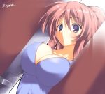  blue_eyes blush breast_press breast_squeeze breasts cleavage door doorway dutch_angle large_breasts original pink_hair ponytail signature solo stare takesinobu 